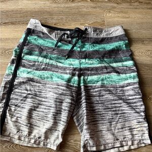 Hurley Gray & Teal Striped Swim Board Shorts